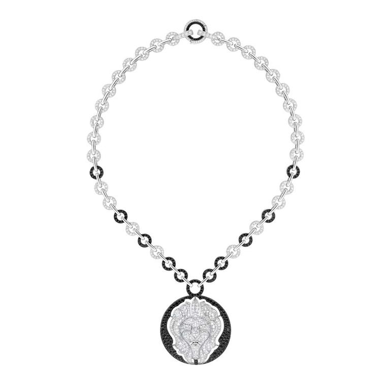 Chanel Lion Talisman necklace in white gold, set with black and white diamonds. From the new Les Intemporels high jewellery collection.